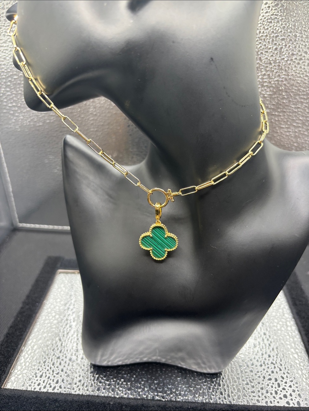 Gold Plated Chain Necklace with Green Clover Pendant